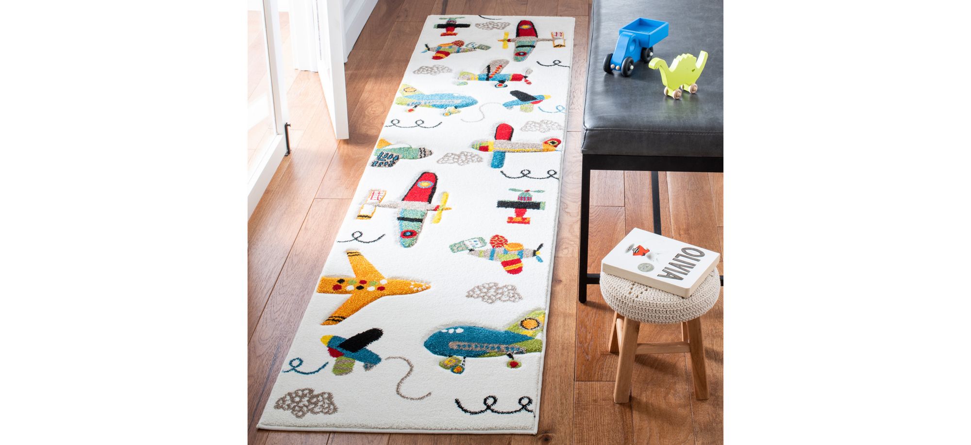 Carousel Planes Kids Runner Rug in Ivory & Blue by Safavieh