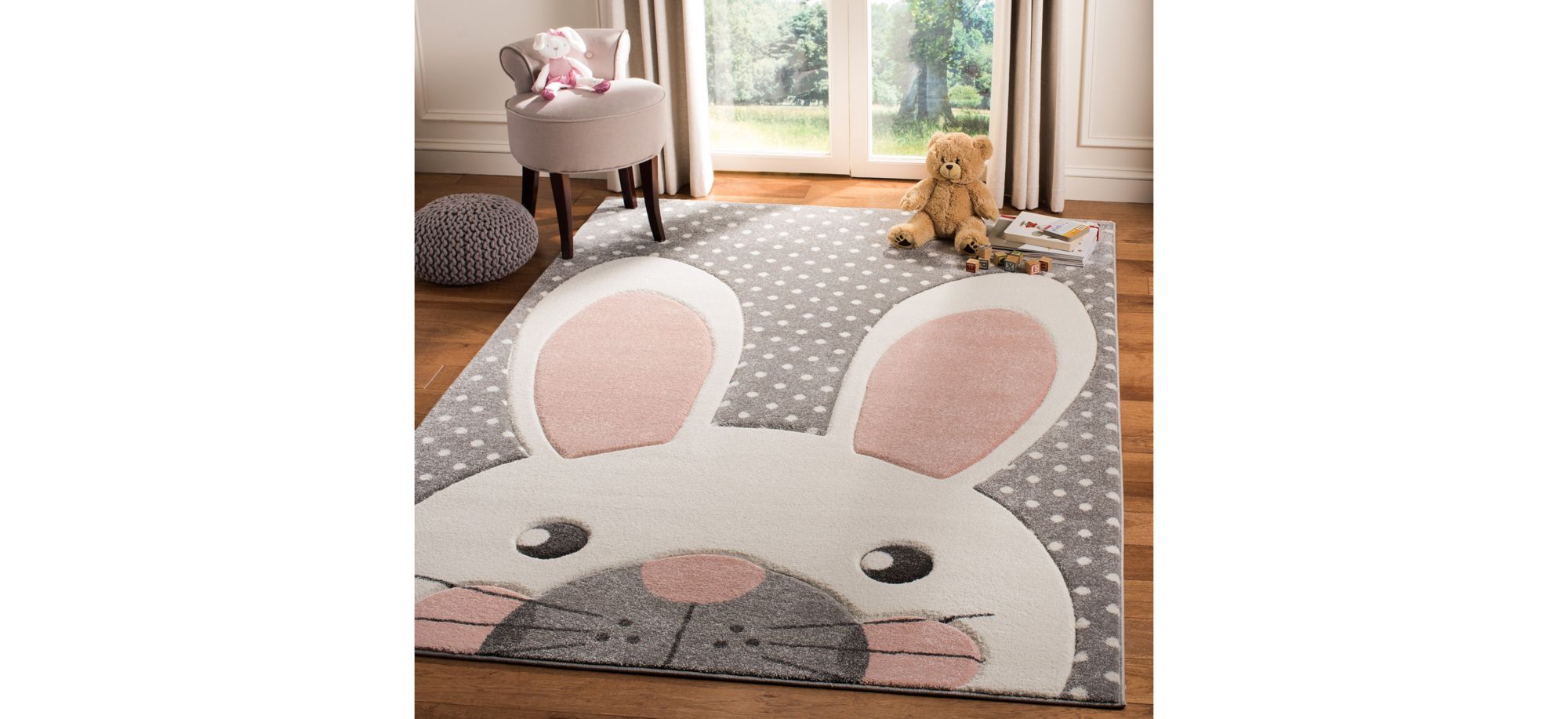 Carousel Rabbit Kids Area Rug in Pink & Gray by Safavieh