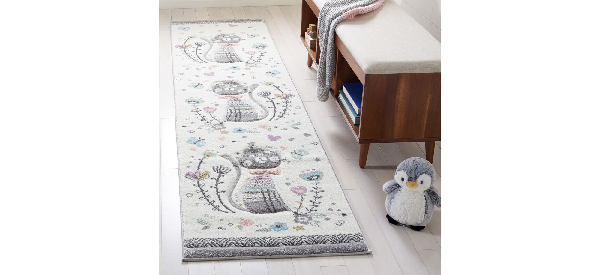 Carousel Cat Kids Runner Rug in Ivory & Pink by Safavieh