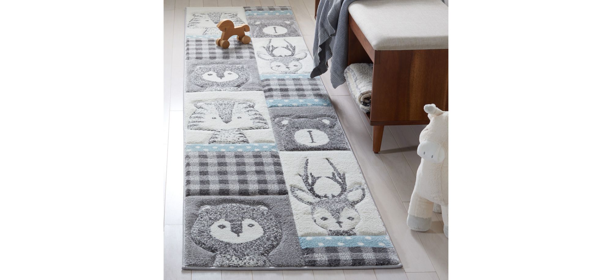 Carousel Animals Kids Runner Rug in Gray & Ivory by Safavieh