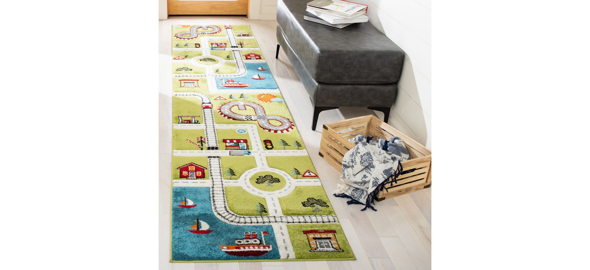 Carousel Cars Kids Runner Rug in Green & Ivory by Safavieh