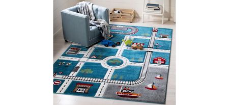 Carousel Cars Kids Area Rug in Turquoise & Ivory by Safavieh