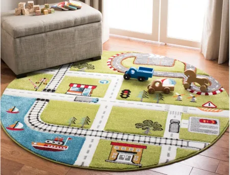 Carousel Cars Kids Area Rug Round in Green & Ivory by Safavieh
