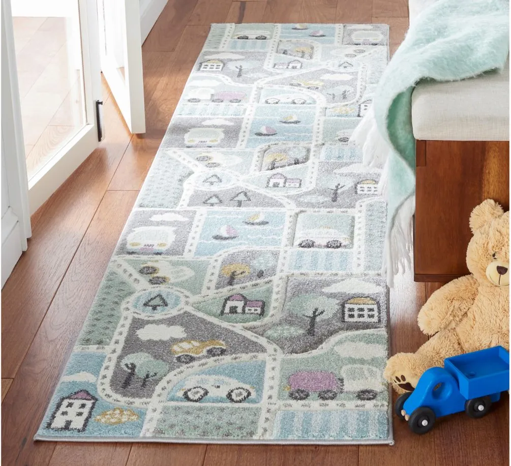 Carousel Cars Kids Runner Rug in Gray & Light Blue by Safavieh