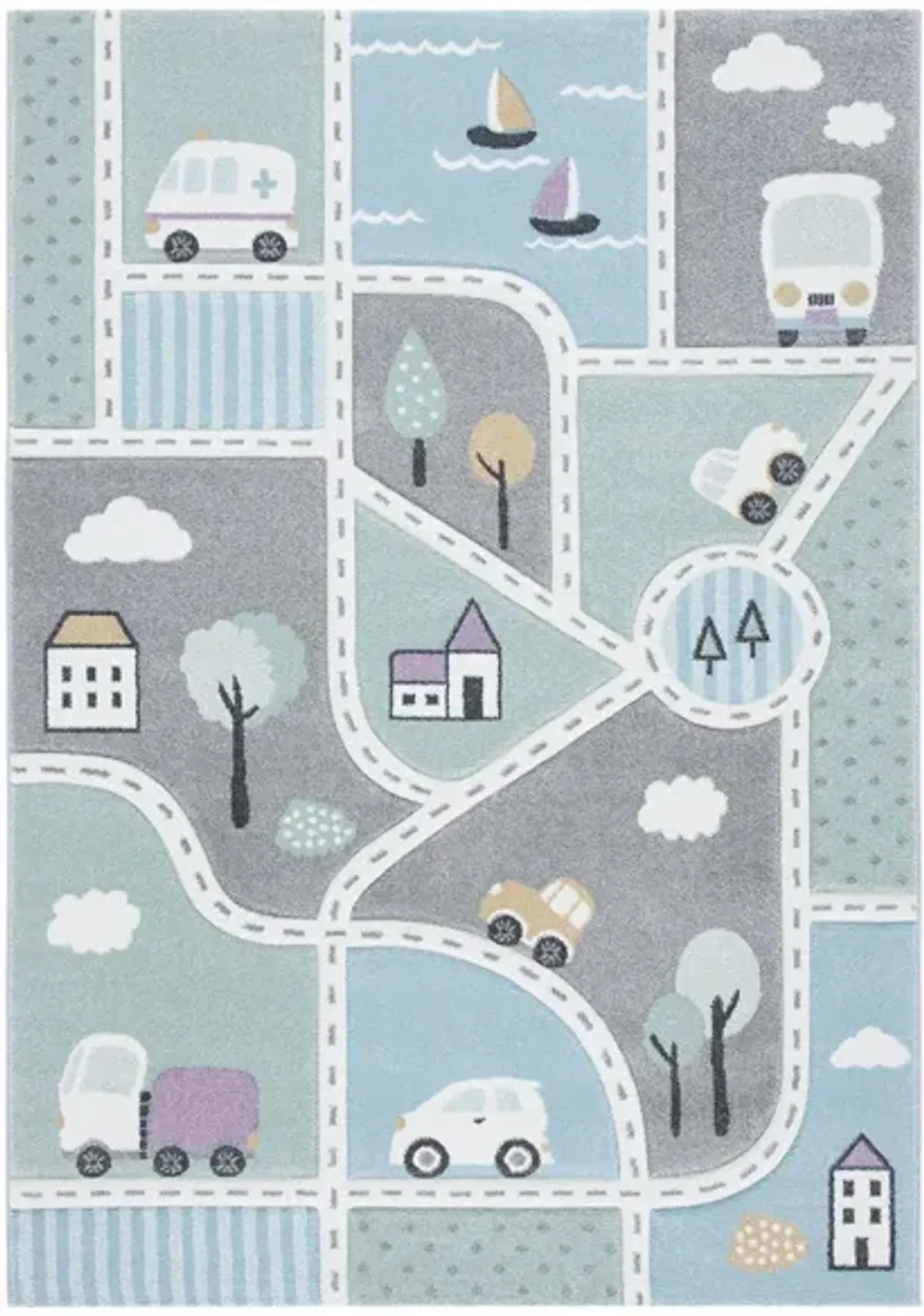 Carousel Cars Kids Area Rug in Gray & Light Blue by Safavieh