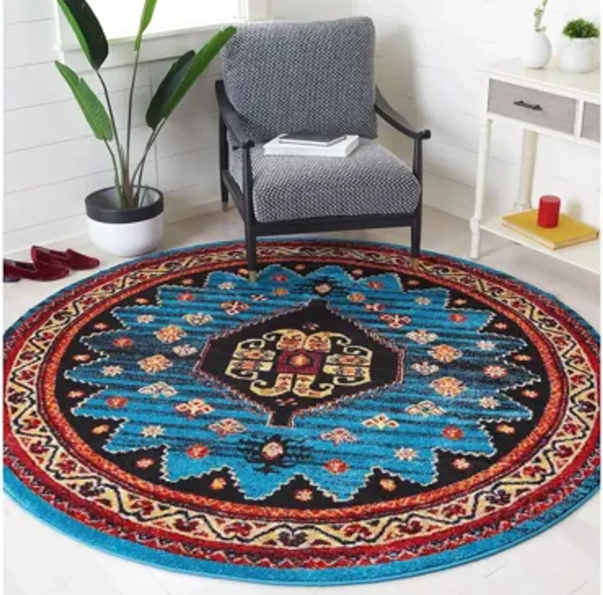 Medes Blue & Red Area Rug Round