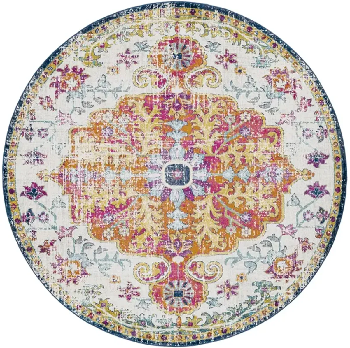 Harput Round Rug in Aqua, White, Bright Red, Bright Yellow, Burnt Orange, Bright Pink by Surya