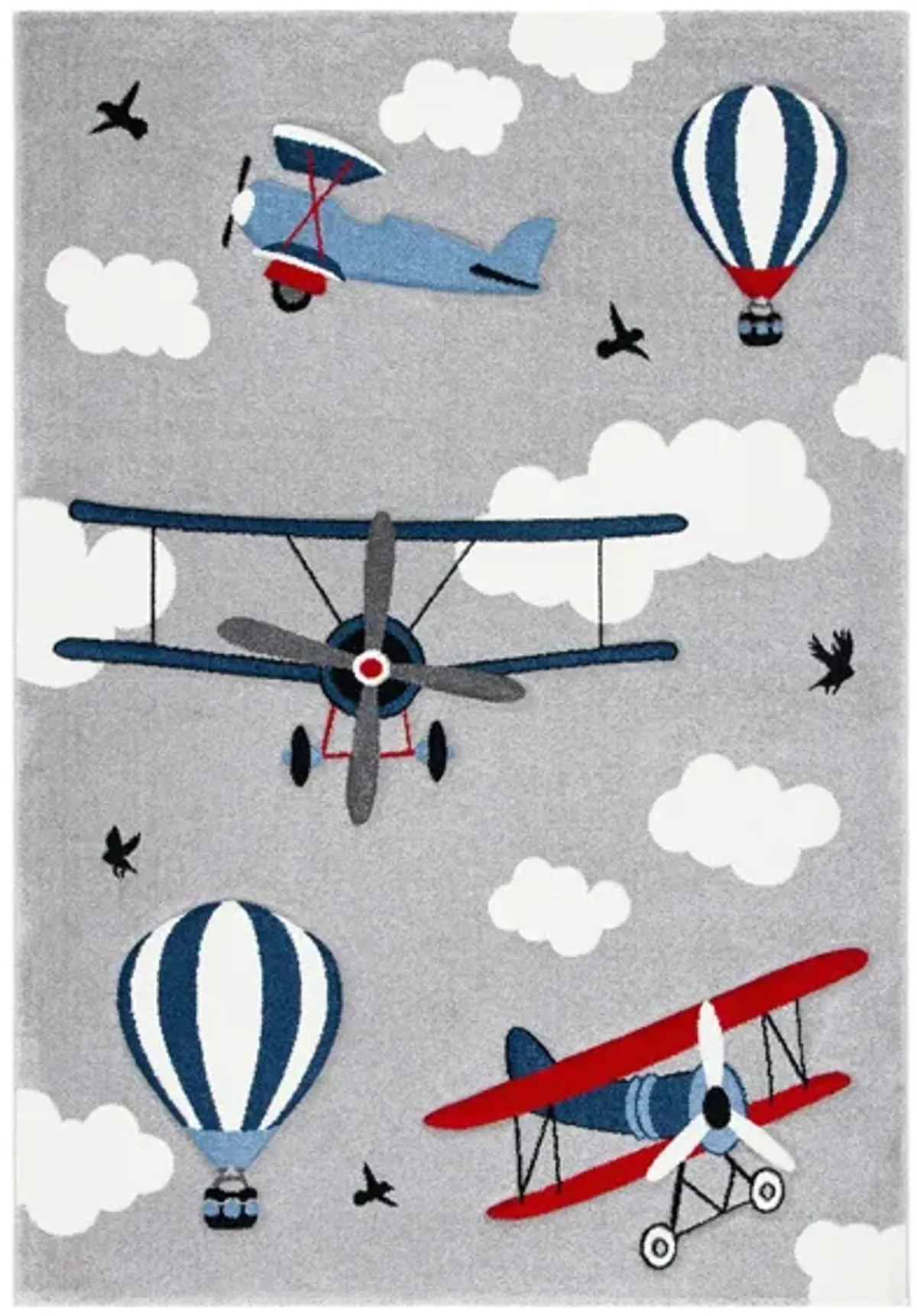 Carousel Airplanes Kids Area Rug in Light Gray & Red by Safavieh