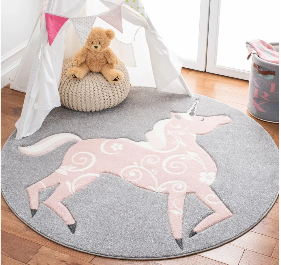 Carousel Unicorn Kids Area Rug Round in Gray & Pink by Safavieh