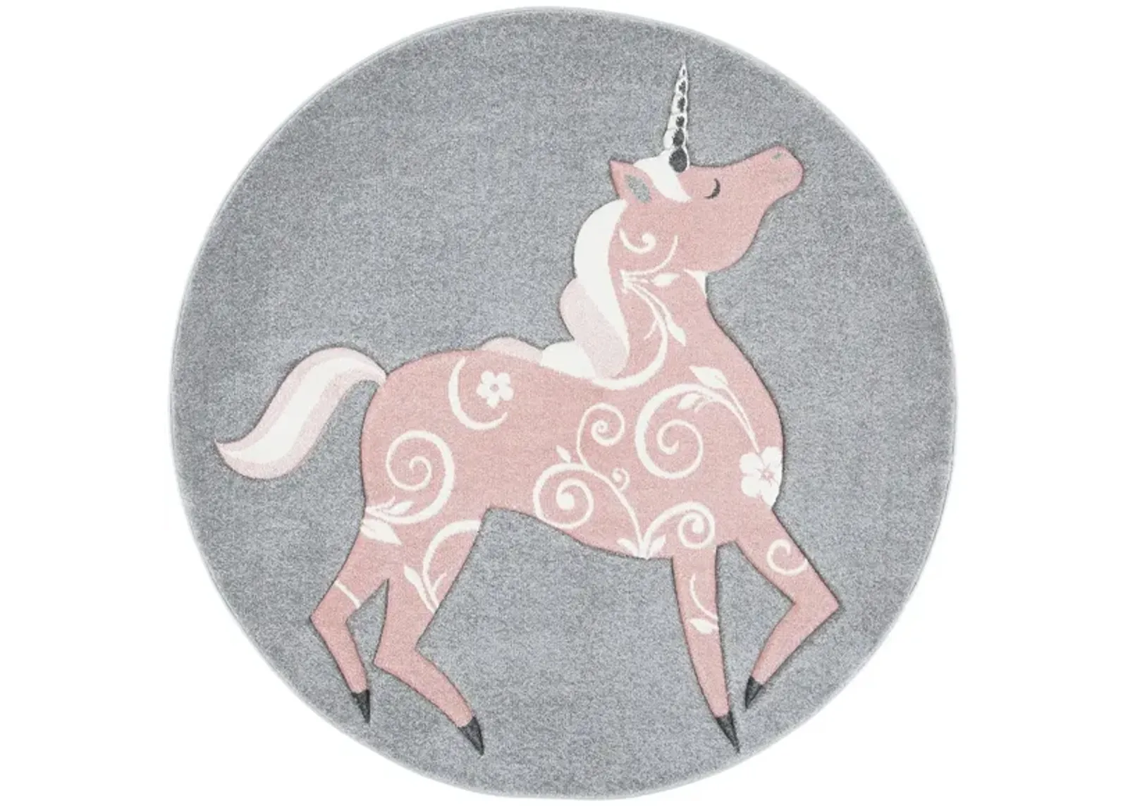 Carousel Unicorn Kids Area Rug Round in Gray & Pink by Safavieh