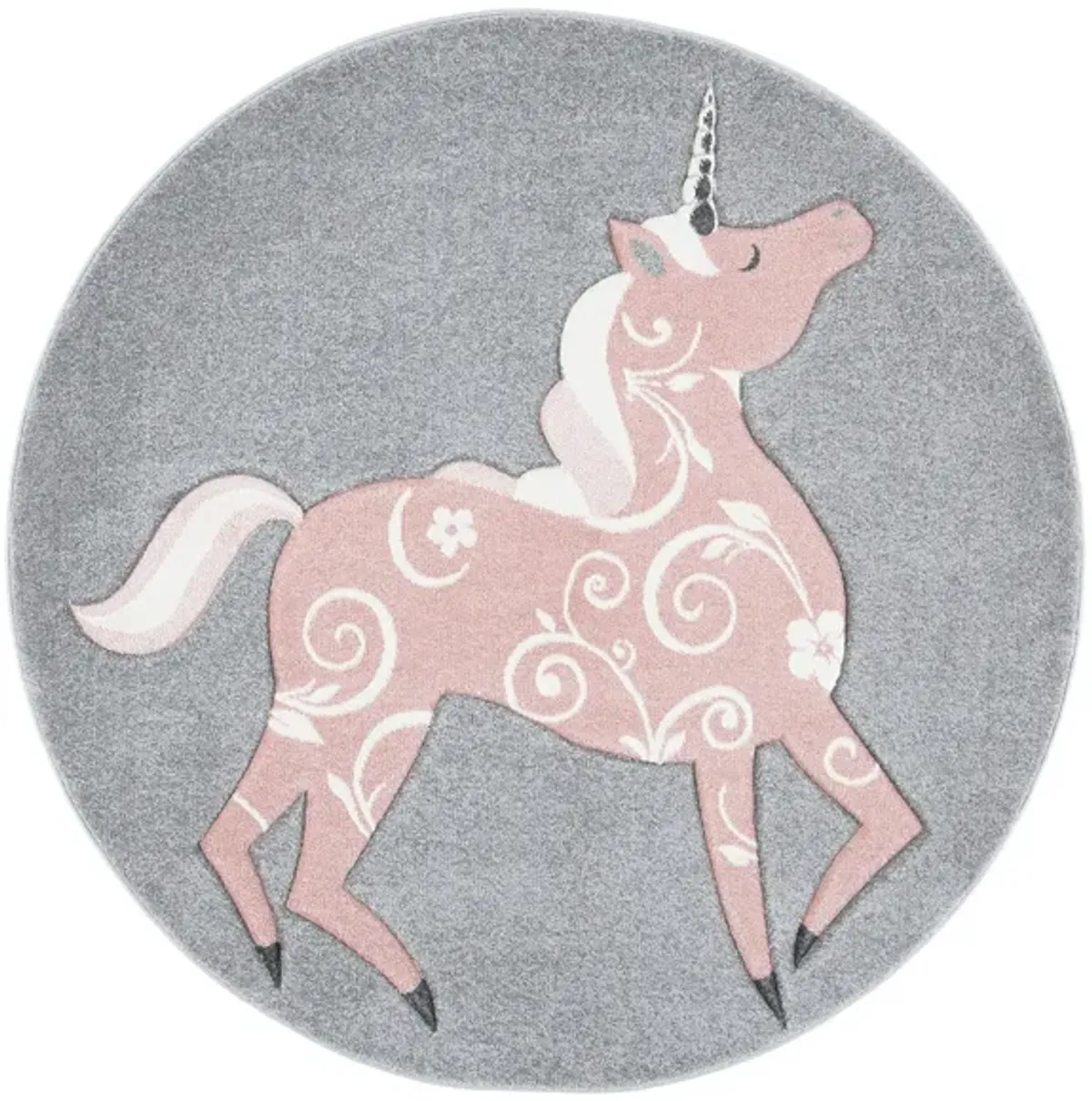 Carousel Unicorn Kids Area Rug Round in Gray & Pink by Safavieh