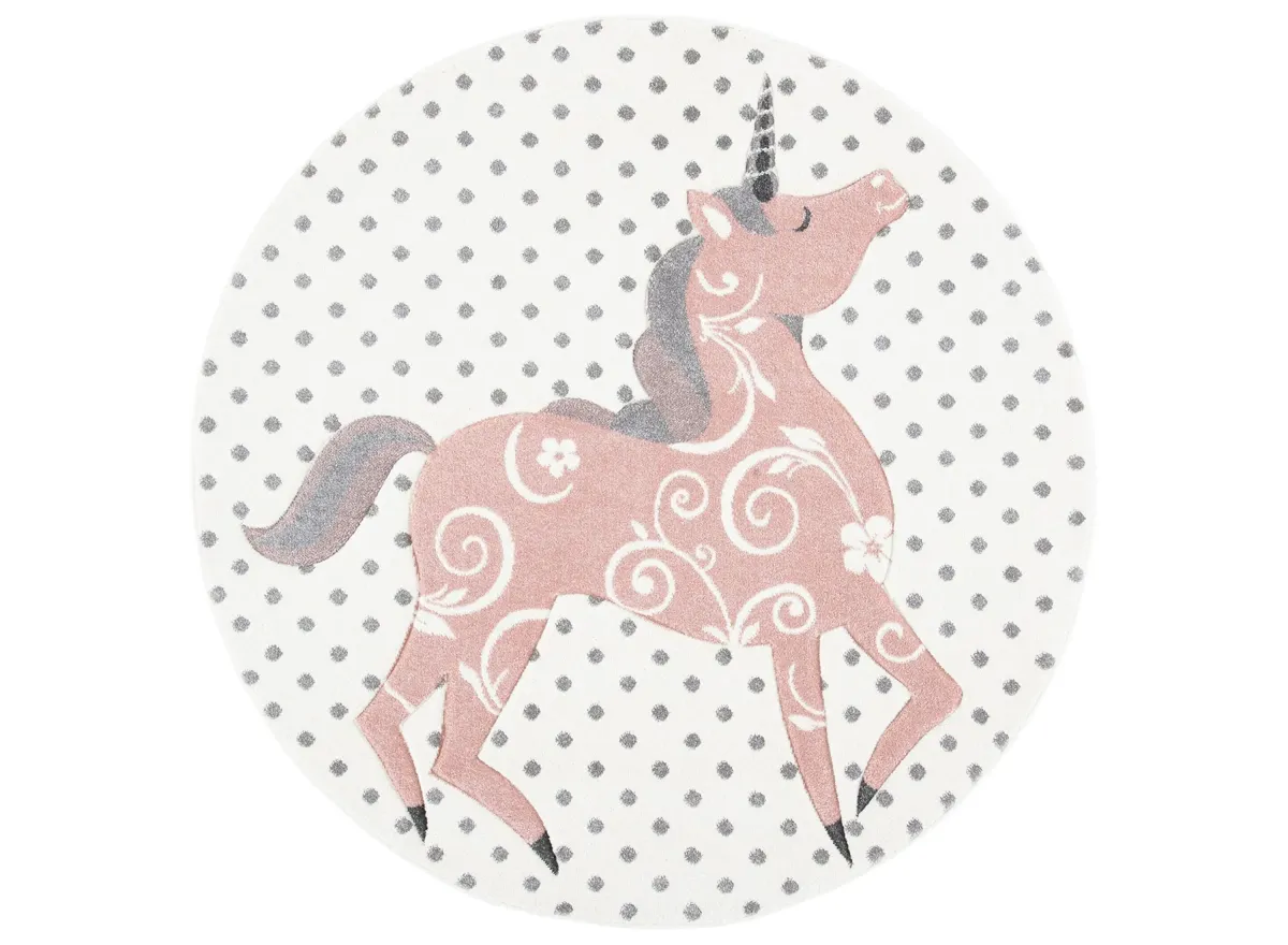 Carousel Unicorn Kids Area Rug Round in Ivory Gray & Pink by Safavieh