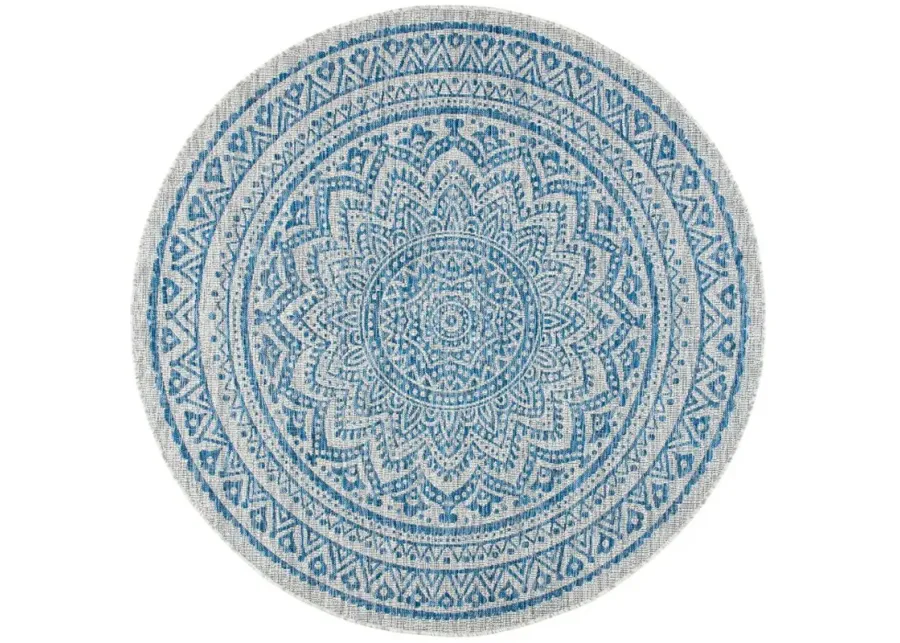 Courtyard Mandala Indoor/Outdoor Area Rug Round in Light Gray & Blue by Safavieh