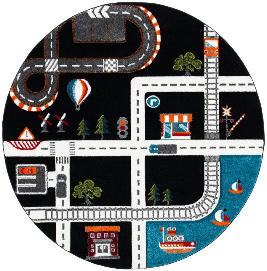 Carousel Cars Kids Area Rug Round in Black & Ivory by Safavieh