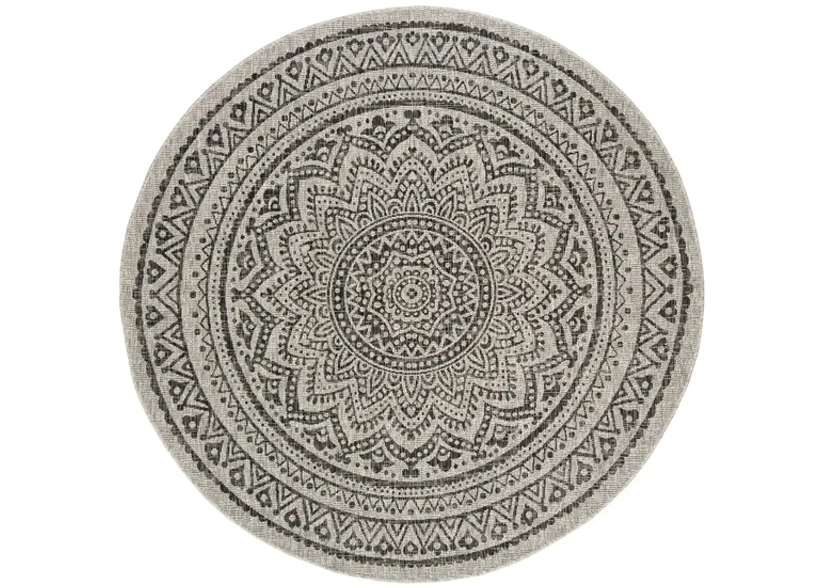 Courtyard Mandala Indoor/Outdoor Area Rug Round in Light Gray & Black by Safavieh