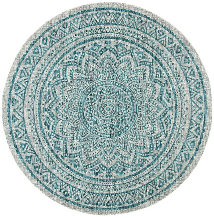 Courtyard Mandala Indoor/Outdoor Area Rug Round in Light Gray & Teal by Safavieh