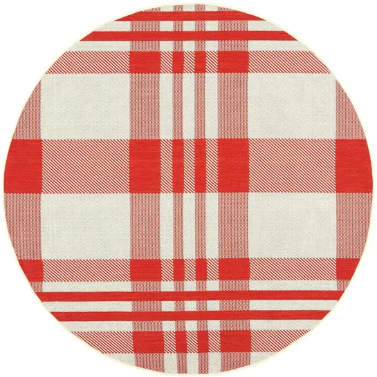 Courtyard Plaid Indoor/Outdoor Area Rug Round in Red & Bone by Safavieh