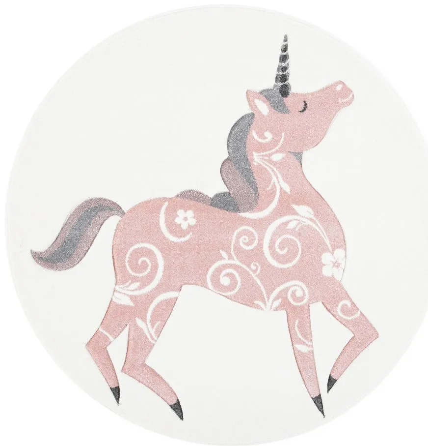 Carousel Unicorn Kids Area Rug Round in Ivory & Pink by Safavieh