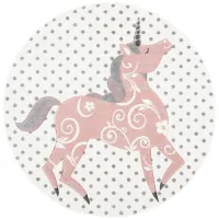 Carousel Unicorn Kids Area Rug Round in Ivory Gray & Pink by Safavieh