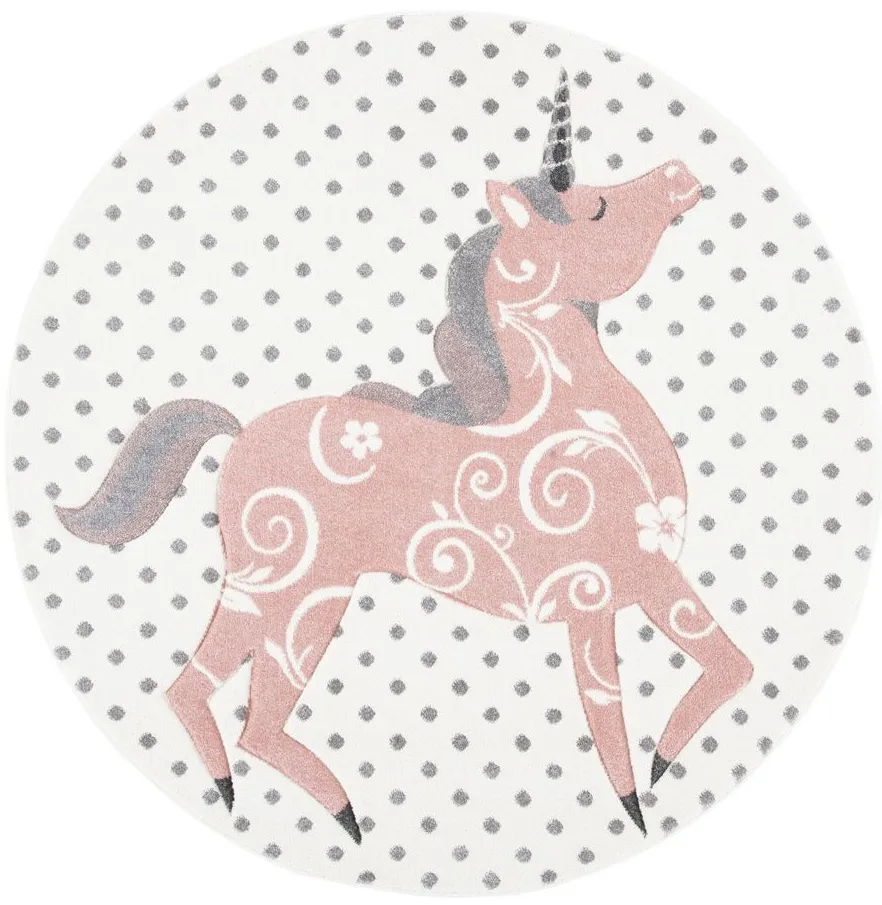 Carousel Unicorn Kids Area Rug Round in Ivory Gray & Pink by Safavieh