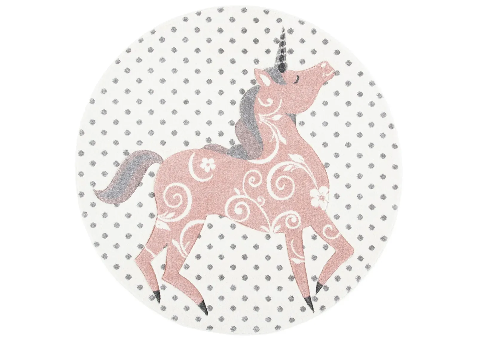 Carousel Unicorn Kids Area Rug Round in Ivory Gray & Pink by Safavieh