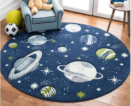 Carousel Planets Kids Area Rug Round in Navy & Ivory by Safavieh