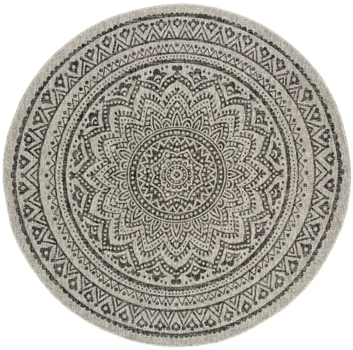 Courtyard Mandala Indoor/Outdoor Area Rug Round in Light Gray & Black by Safavieh