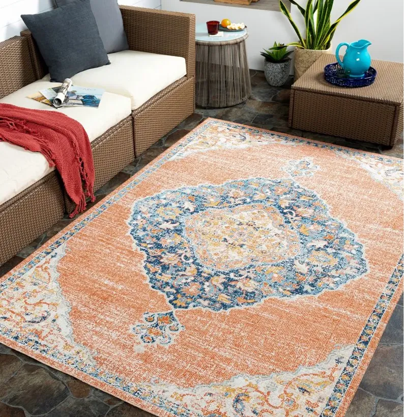 Huntington Beach Leo Indoor/Outdoor Area Rug in Dusty Coral, Orange, Saffron, Dark Blue, Aqua, Oatmeal, Light Gray, Medium Gray, Red, Cream by Surya