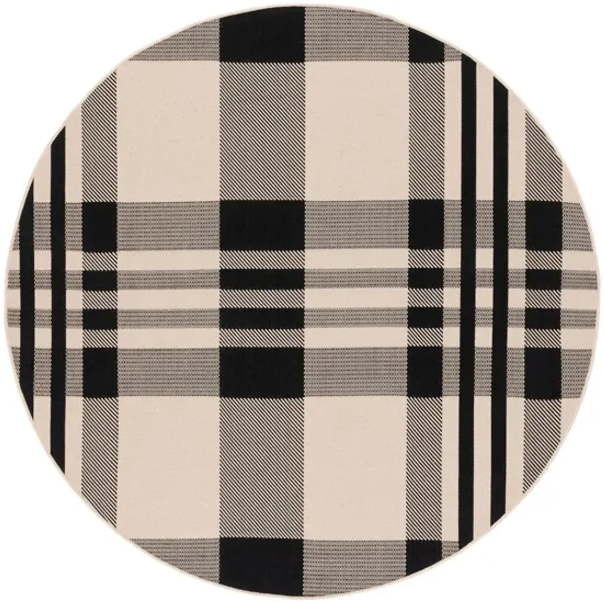 Courtyard Plaid Indoor/Outdoor Area Rug Round in Black & Bone by Safavieh