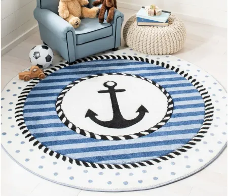 Carousel Anchor Kids Area Rug Round in Navy & Ivory by Safavieh