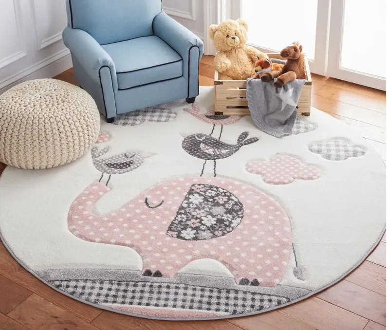 Carousel Elephant Kids Area Rug Round in Pink & Ivory by Safavieh