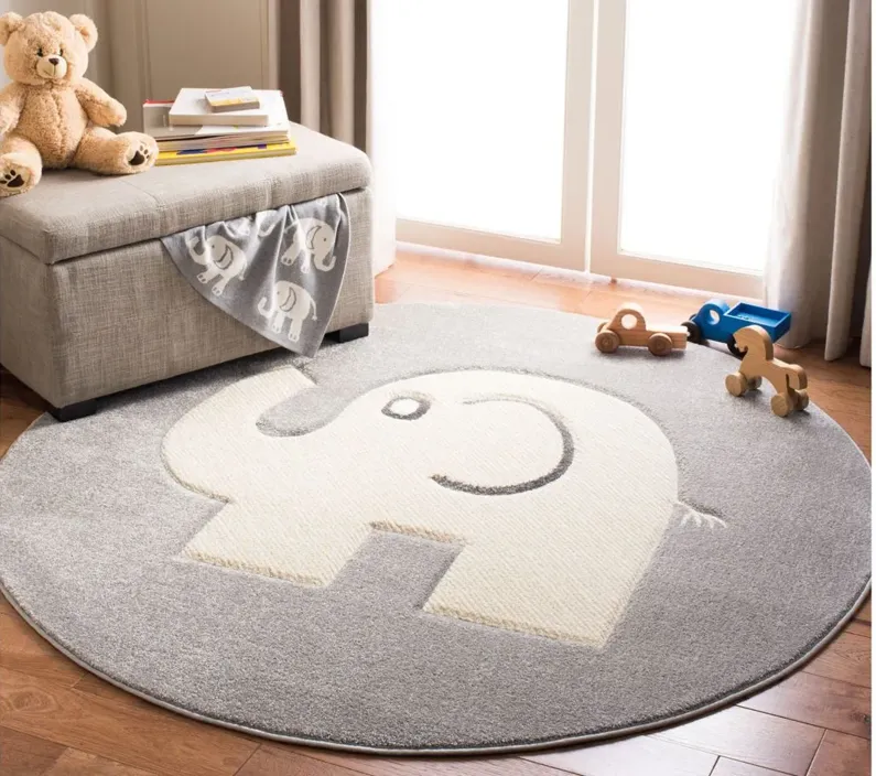 Carousel Baby Elephant Kids Area Rug Round in Gray & Ivory by Safavieh