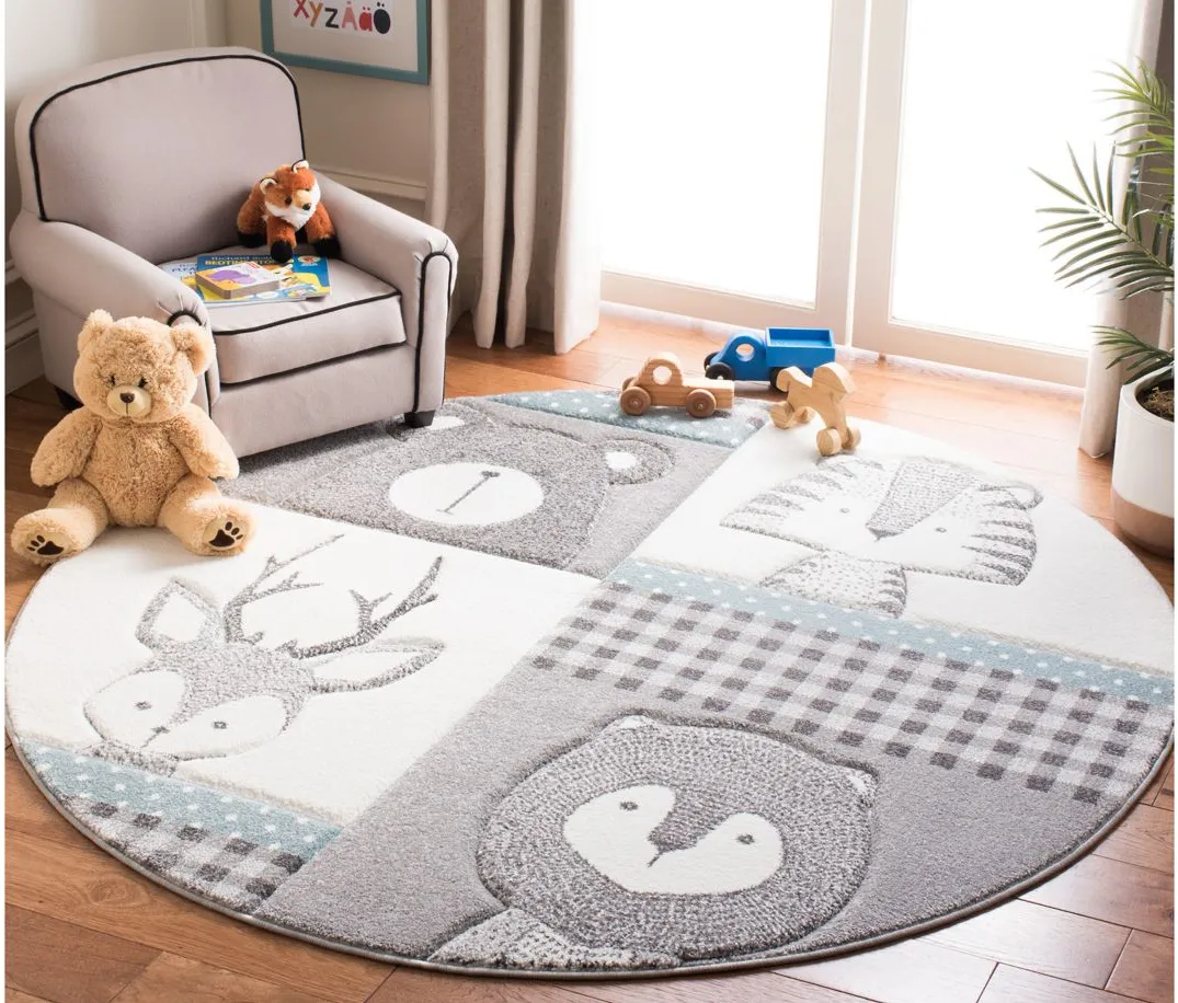 Carousel Animals Kids Area Rug Round in Gray & Ivory by Safavieh