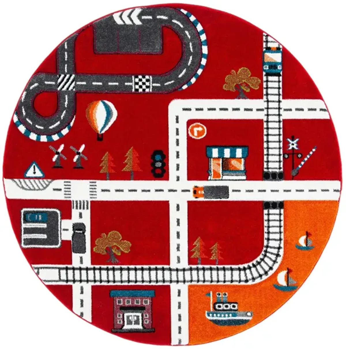 Carousel Cars Kids Area Rug Round in Red & Ivory by Safavieh