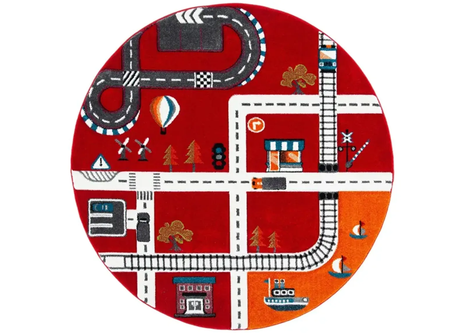 Carousel Cars Kids Area Rug Round in Red & Ivory by Safavieh