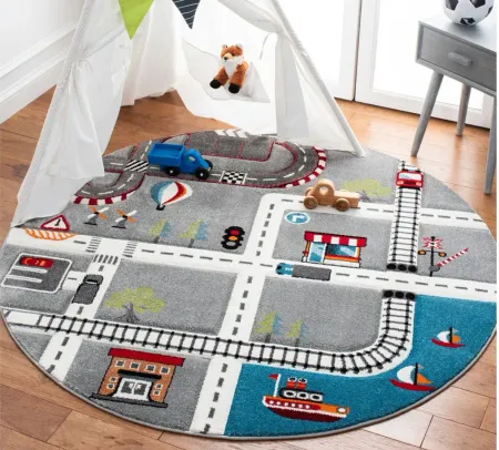 Carousel Cars Kids Area Rug Round in Gray & Ivory by Safavieh