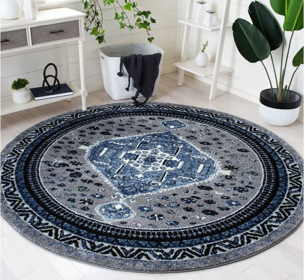 Vintage Hamadan Blue Area Rug Round in Blue & Black by Safavieh