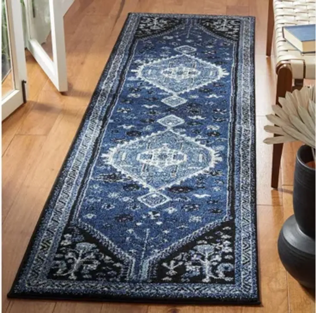 Vintage Hamadan Blue Runner Rug