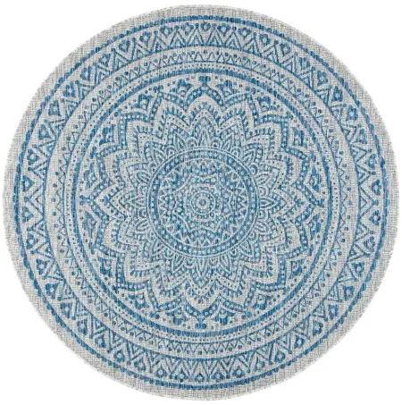 Courtyard Mandala Indoor/Outdoor Area Rug Round in Light Gray & Blue by Safavieh