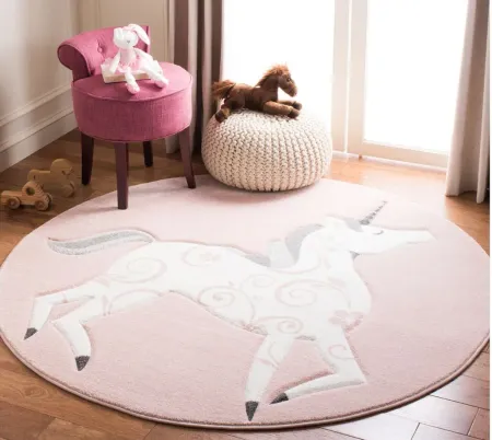 Carousel Unicorn Kids Area Rug Round in Pink & Ivory by Safavieh