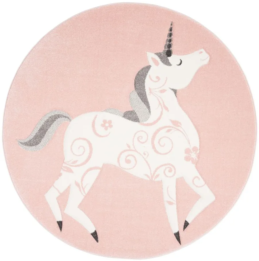 Carousel Unicorn Kids Area Rug Round in Pink & Ivory by Safavieh