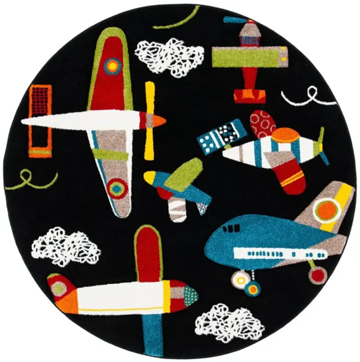 Carousel Planes Kids Area Rug Round in Black & Ivory by Safavieh