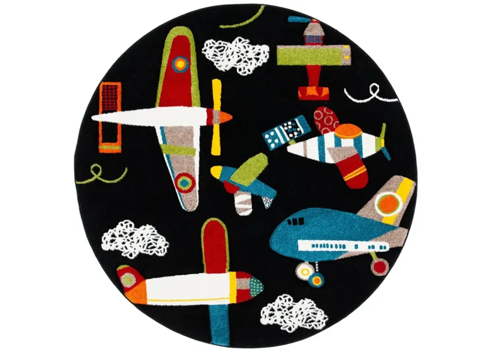 Carousel Planes Kids Area Rug Round in Black & Ivory by Safavieh