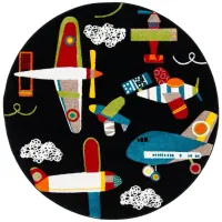 Carousel Planes Kids Area Rug Round in Black & Ivory by Safavieh