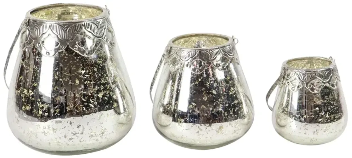 Ivy Collection Set of 3 Silver Glass Candle Holders