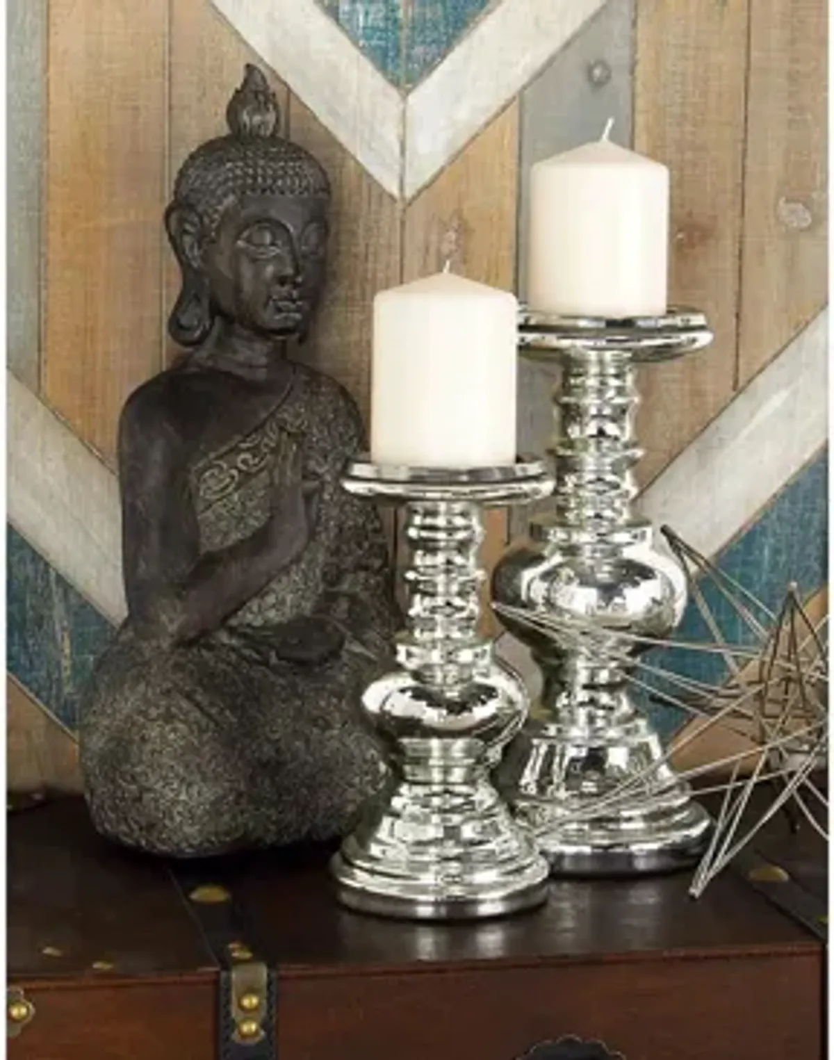Ivy Collection Set of 2 Silver Glass Candle Holders