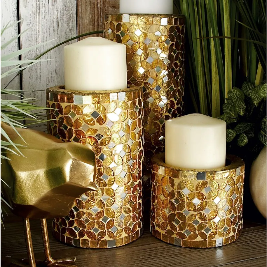 Ivy Collection Set of 3 Gold Metal Candle Holders in Gold by UMA Enterprises