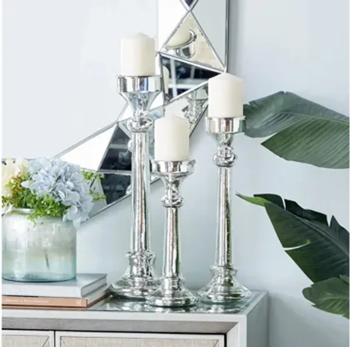 Ivy Collection Set of 3 Silver Glass Candle Holders