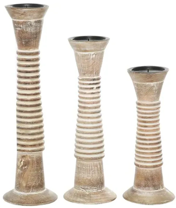 Ivy Collection Set of 3 Brown Wood Candle Holders