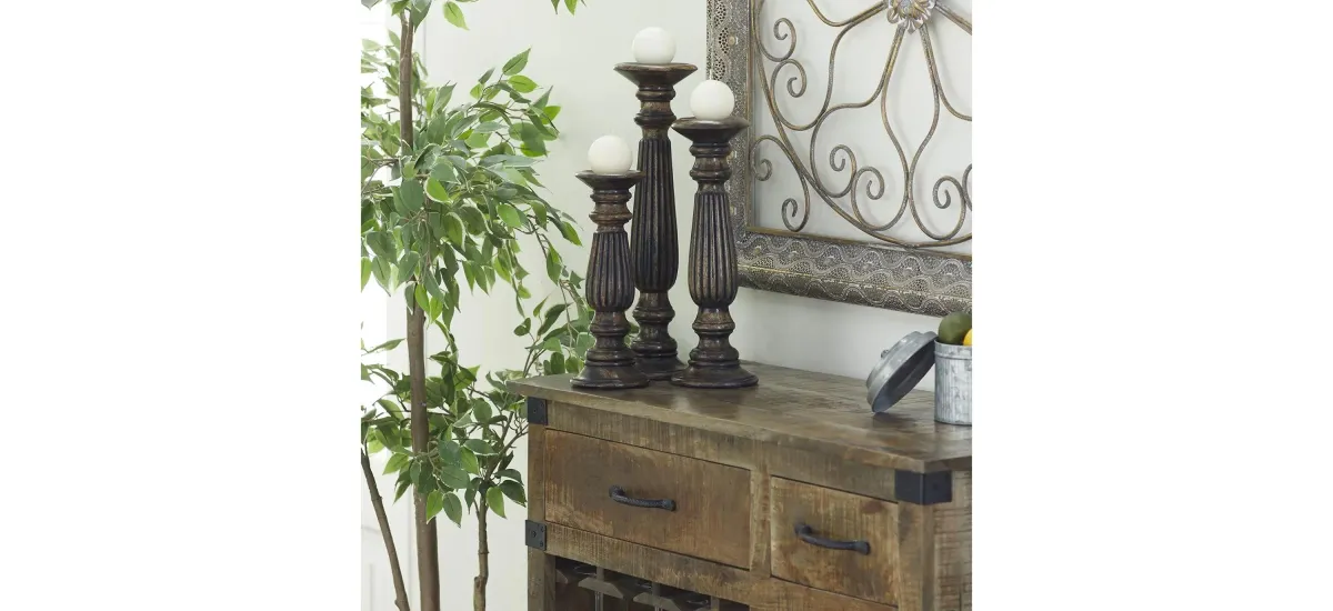 Ivy Collection Set of 3 Brown Wood Candle Holders